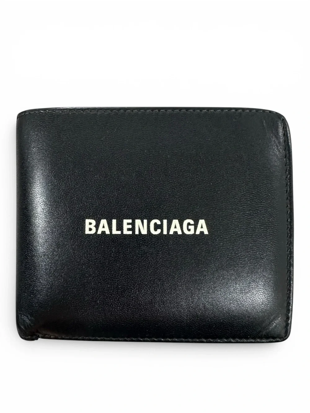 Balenciaga Black Leather & White Spell Out Bifold Wallet